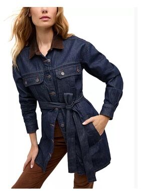 Veronica Beard Dark Blue Denim Tie-Waist Jacket with Brown Collar